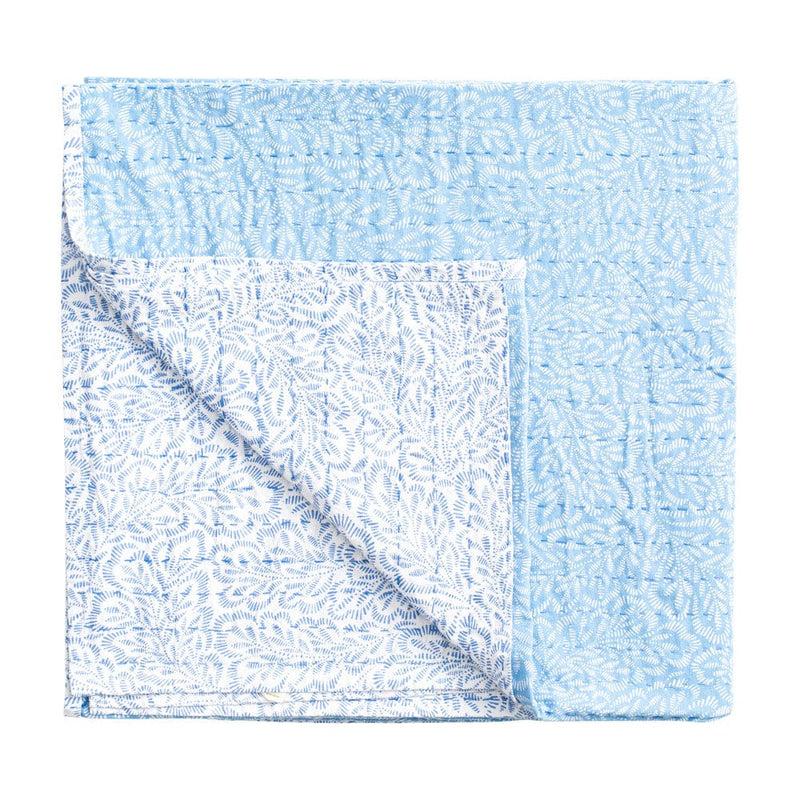 Caspari Reversible Kantha Table Cover In Blue Block Print Leaves - 1 Each