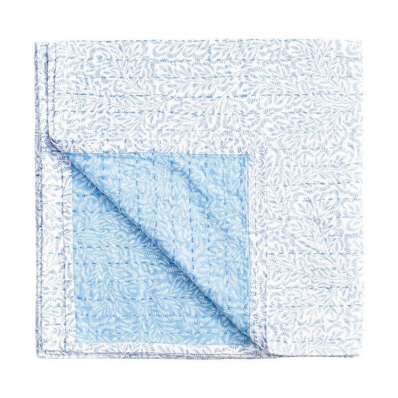 caspari Reversible Kantha Table Cover in Blue Block Print Leaves - 1 Each