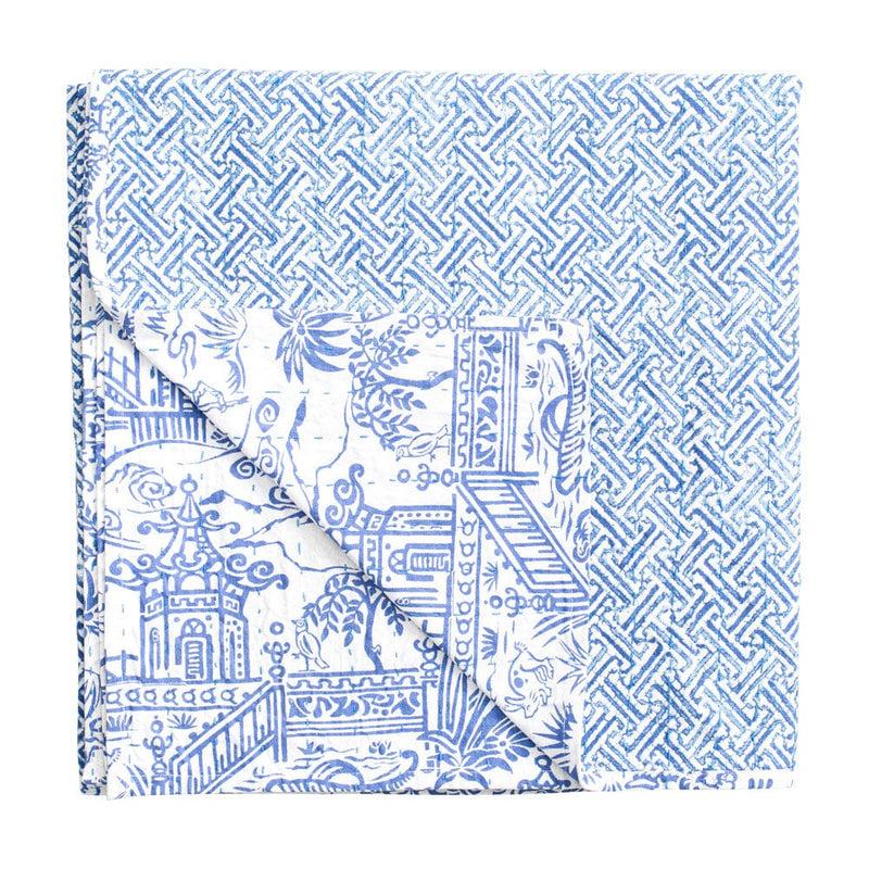 Caspari Reversible Kantha Table Cover In Blue & White Pagoda Toile - 1 Each