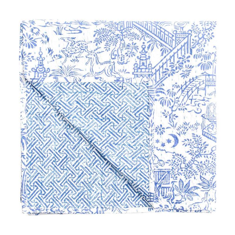 caspari Reversible Kantha Table Cover in Blue & White Pagoda Toile - 1 Each