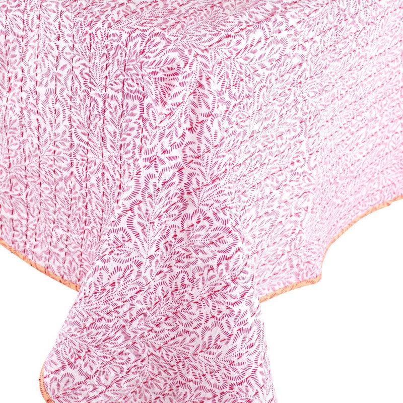 Caspari Reversible Kantha Table Cover In Fuchsia Block Print Leaves - 1 Each