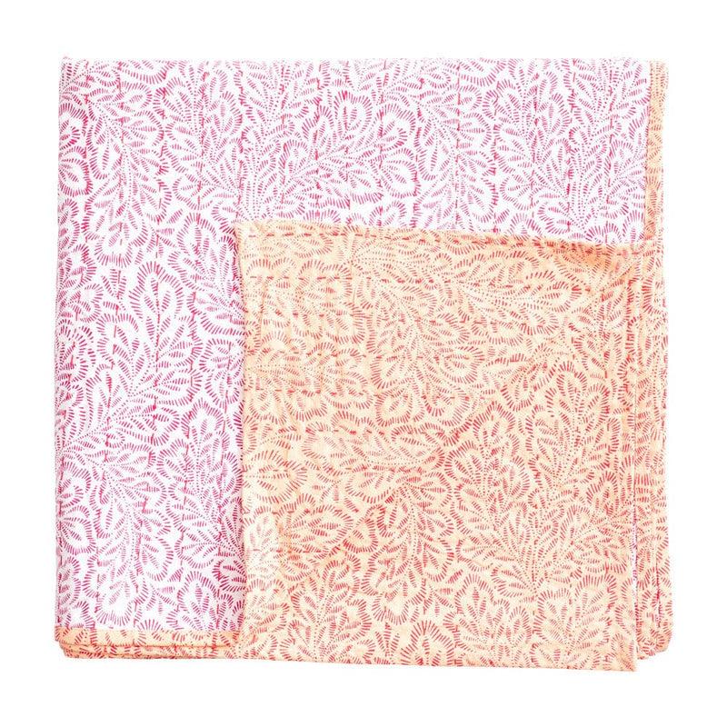 caspari Reversible Kantha Table Cover in Fuchsia Block Print Leaves - 1 Each