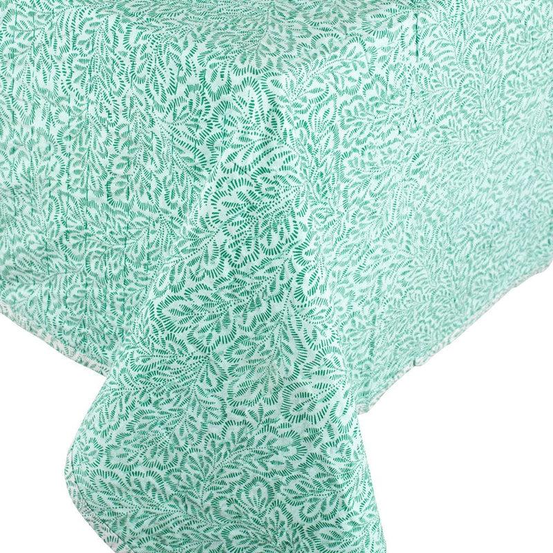 Caspari Reversible Kantha Table Cover In Green Block Print Leaves - 1 Each