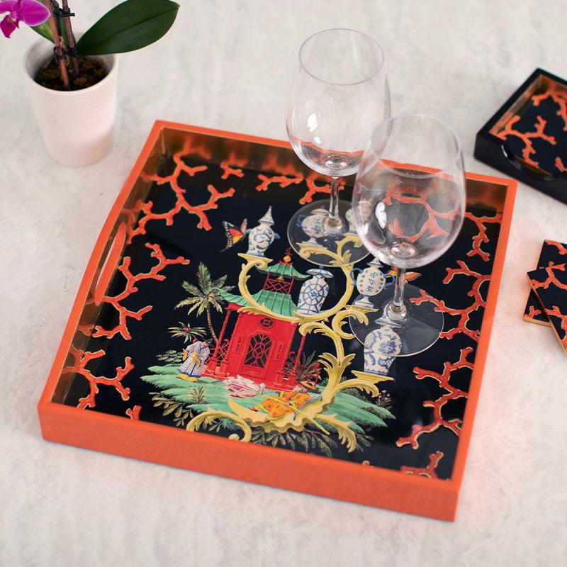 Caspari Rococo Fantasy Lacquer Square Tray In Black - 1 Each