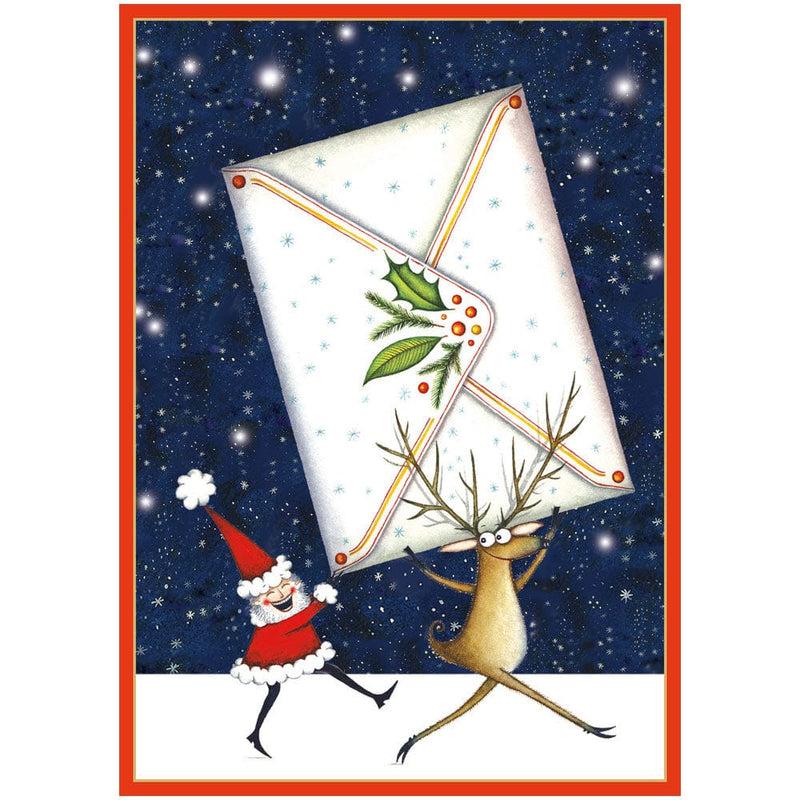 caspari Santa And Reindeer With Envelope Small Boxed Christmas Cards - 15 Christmas Cards & 15 Envelopes
