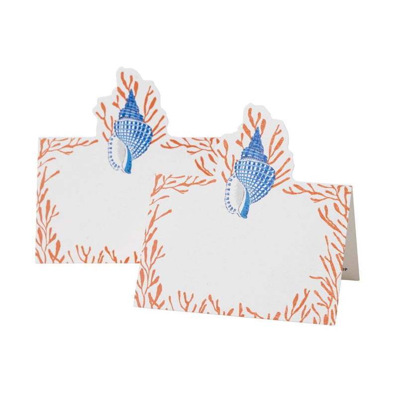 Caspari Shell Toile Place Cards In Coral & Blue- 8 Per Package