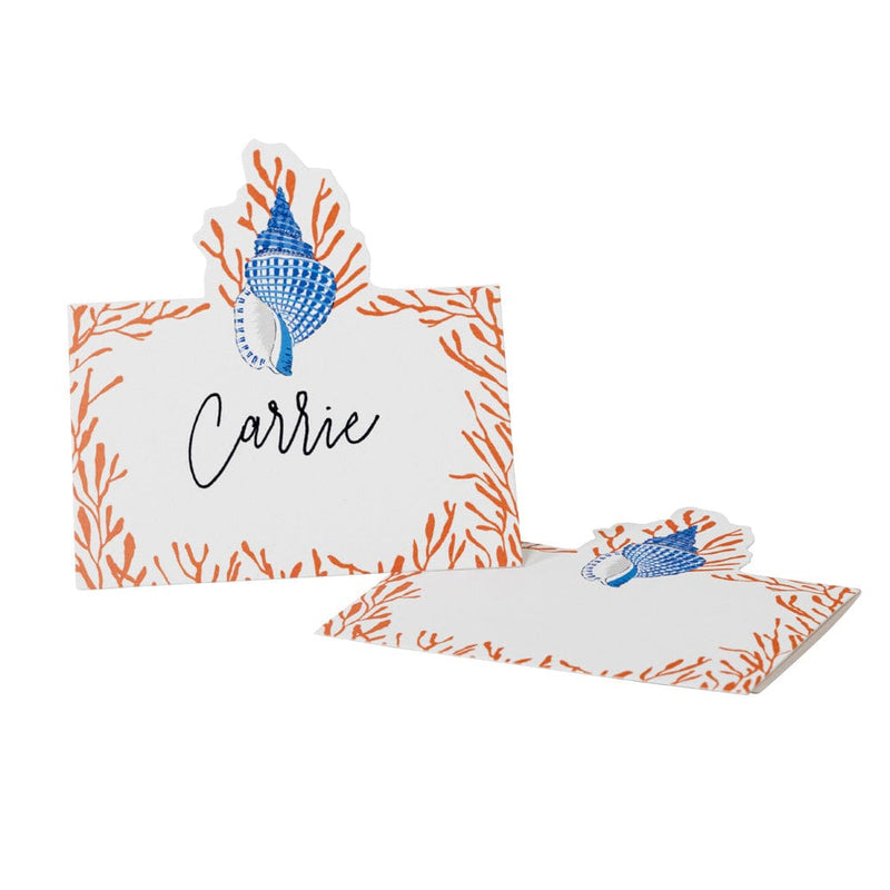 Caspari Shell Toile Place Cards In Coral & Blue- 8 Per Package
