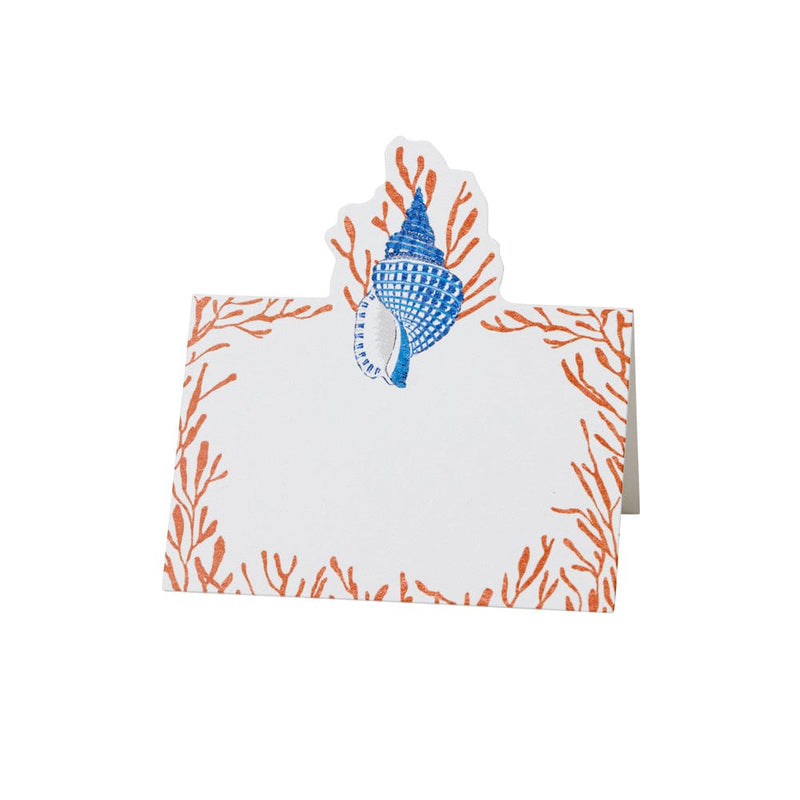 caspari Shell Toile Place Cards in Coral & Blue- 8 Per Package