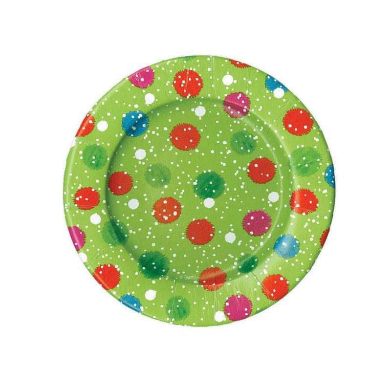 caspari Snowy Pom-Poms Paper Salad & Dessert Plates in Green - 8 Per Package