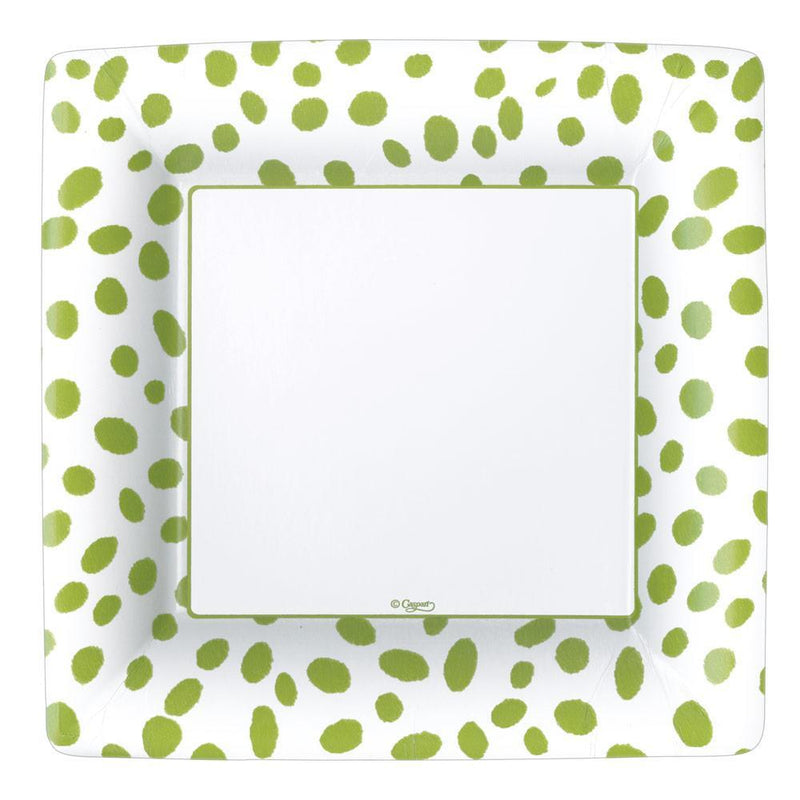 caspari Spots Square Paper Dinner Plates in Green - 8 Per Package