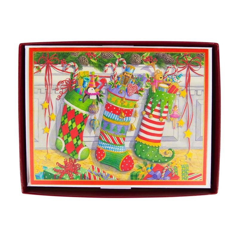 caspari Three Stockings Boxed Christmas Cards - 15 Christmas Cards & 15 Envelopes