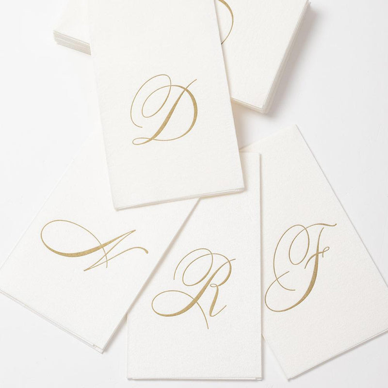 Caspari White Pearl & Gold Paper Linen Single Initial Boxed Guest Towel Napkins - 24 Per Package