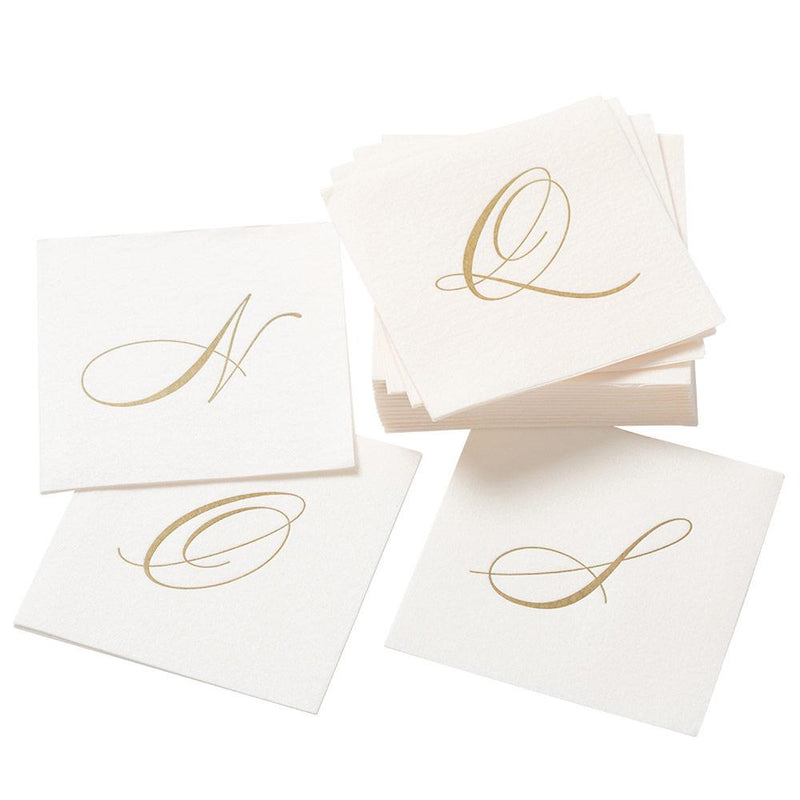 caspari White Pearl & Gold Paper Linen Single Initial Boxed Cocktail Napkins - 30 Per Box