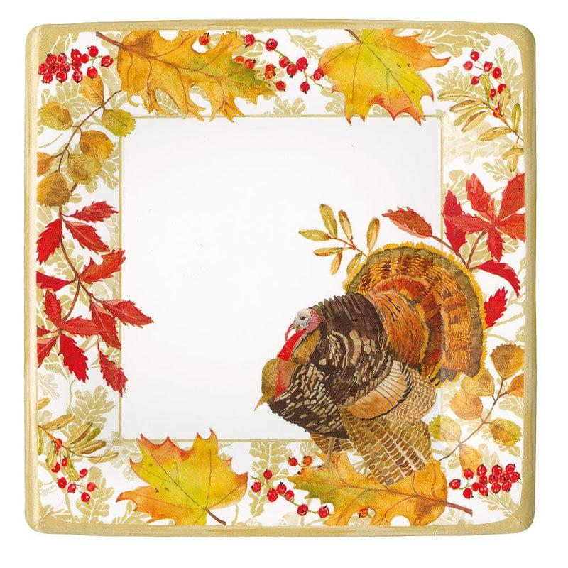 Caspari Woodland Turkey Square Paper Dinner Plates - 8 Per Package