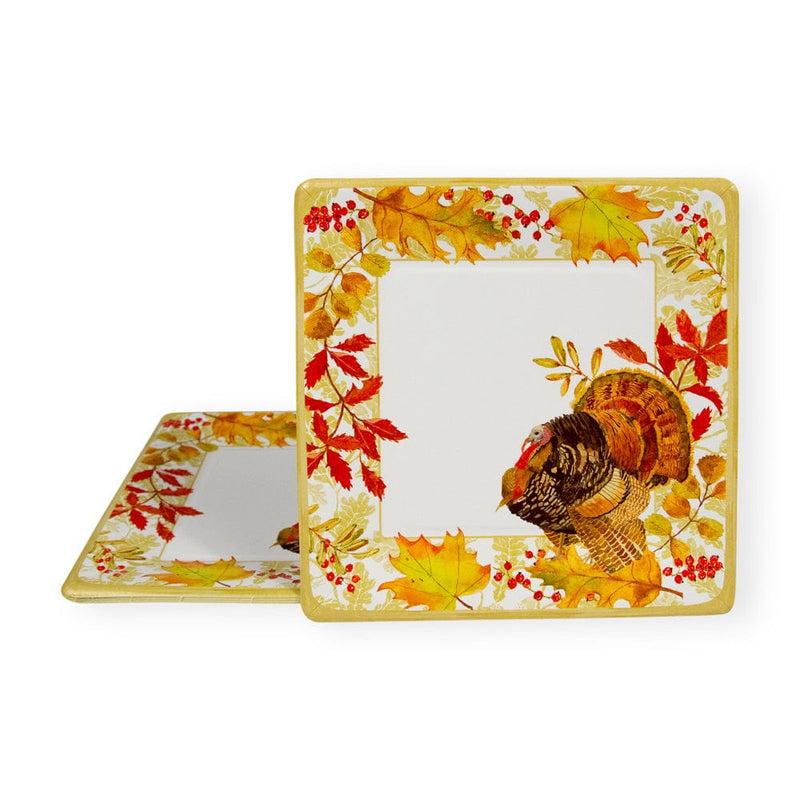 Caspari Woodland Turkey Square Paper Salad & Dessert Plates - 8 Per Package