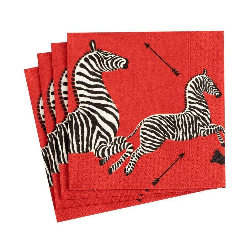 Caspari Zebras Paper Cocktail Napkins In Red - 20 Per Package