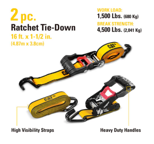Caterpillar 2 Piece Ratchet Tie Down Set With Soft Loops - 16 Feet X 1-1/2 Inches