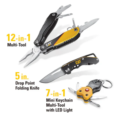 Caterpillar 3 PC 12-in-1 Multi Tool Folding Knife And Key Chain Multi Tool Gift Box Set