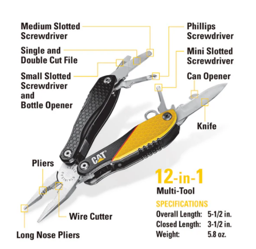 Caterpillar 3 PC 12-in-1 Multi Tool Folding Knife And Key Chain Multi Tool Gift Box Set