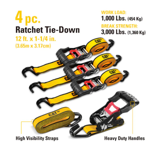 Caterpillar 4 Piece 1 1/4 Inch By 12 Foot Ratchet Tie Down Set
