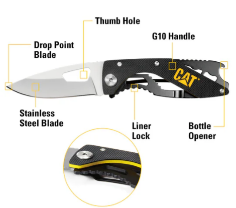 Caterpillar 6-1/4" Folding Skeleton Knife With Bottle Opener And Polished Blade