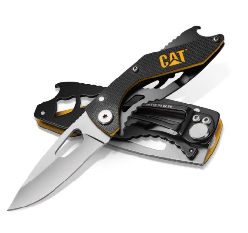 caterpillar 6-1/4" Folding Skeleton Knife with Bottle Opener and Polished Blade