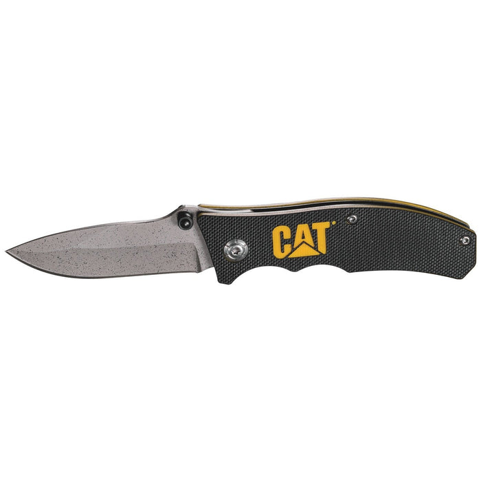 caterpillar 6" Drop Point Folding Knife Black Handle Yellow Logo