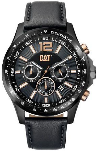 caterpillar Cat® Watch Black-Rose Accents Multi Dial Black Leather Strap