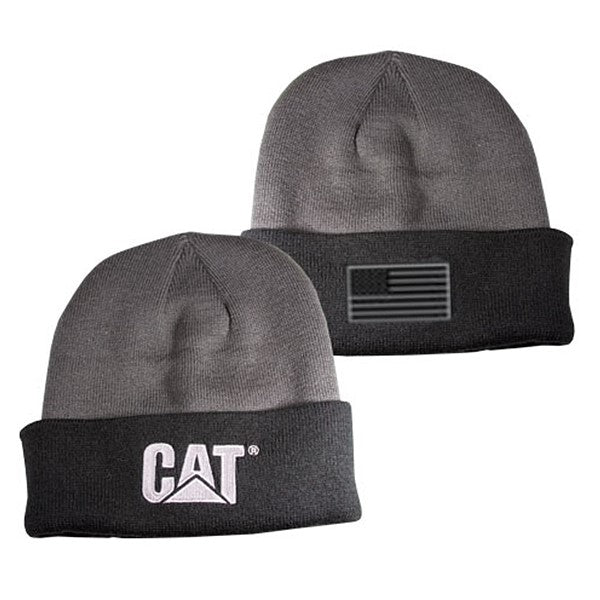 caterpillar Black Beanie with Grey Flag Patch