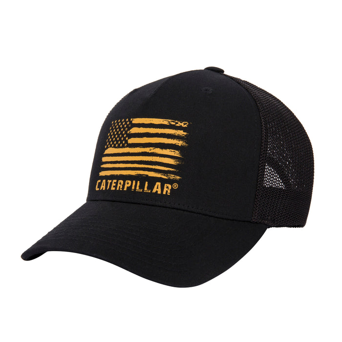 caterpillar Distressed Flag Flexfit 110 Black Cap