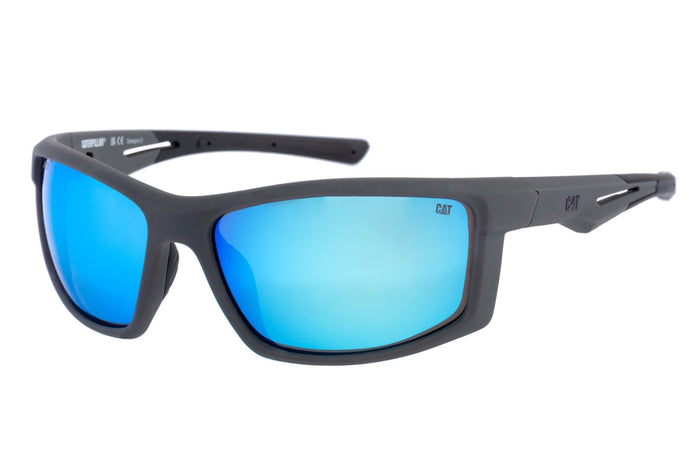 caterpillar High Wrap Sunglasses Matte Grey w/Blue Mirror Lens