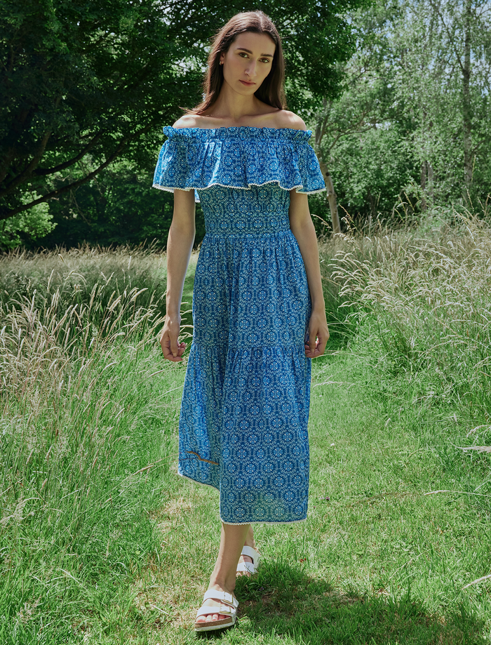 Cefinn Aimee Cotton Maxi Dress - Blue Circle Carnation Print Dress