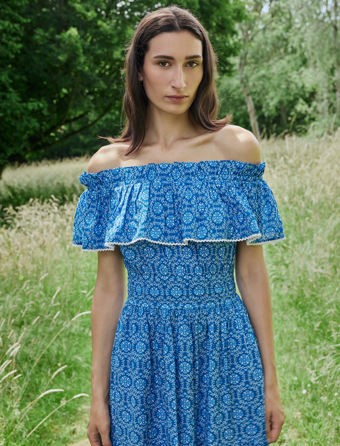 cefinn Aimee Cotton Maxi Dress - Blue Circle Carnation Print Dress