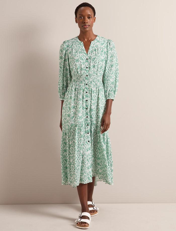 Cefinn Aspen Cotton Blend Maxi Dress - Green Mono Floral Print Dress