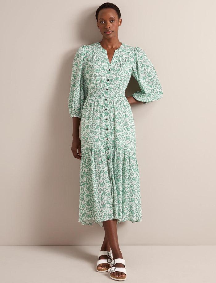 Cefinn Aspen Cotton Blend Maxi Dress - Green Mono Floral Print Dress