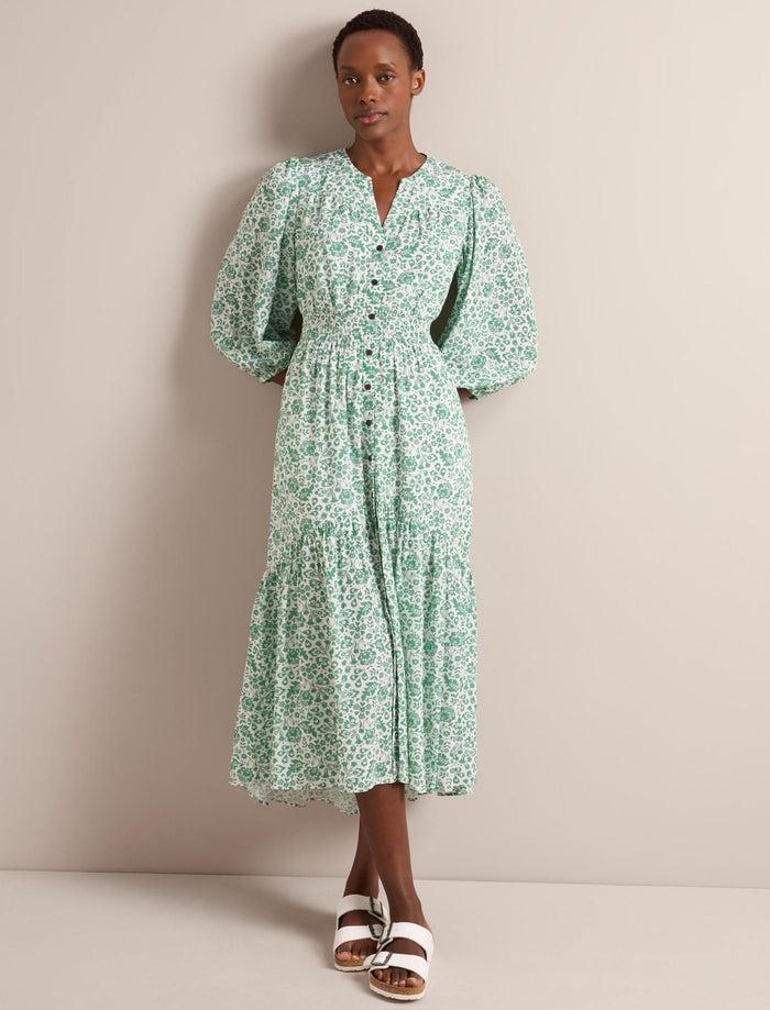 Cefinn Aspen Cotton Blend Maxi Dress - Green Mono Floral Print Dress