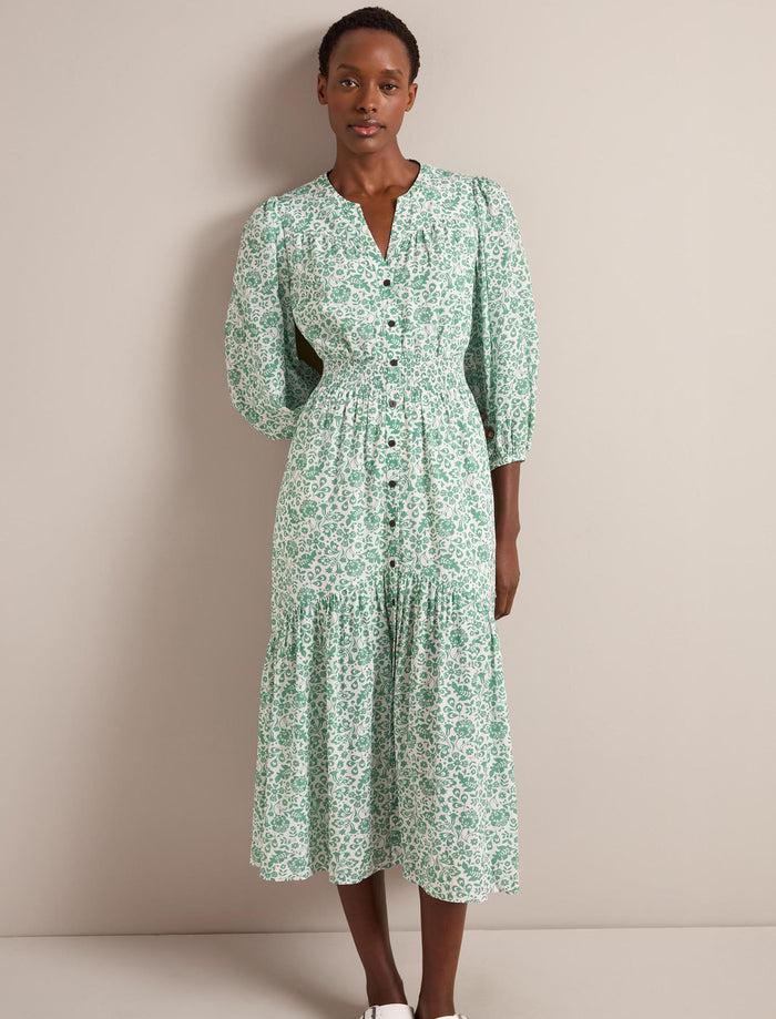 cefinn Aspen Cotton Blend Maxi Dress - Green Mono Floral Print Dress