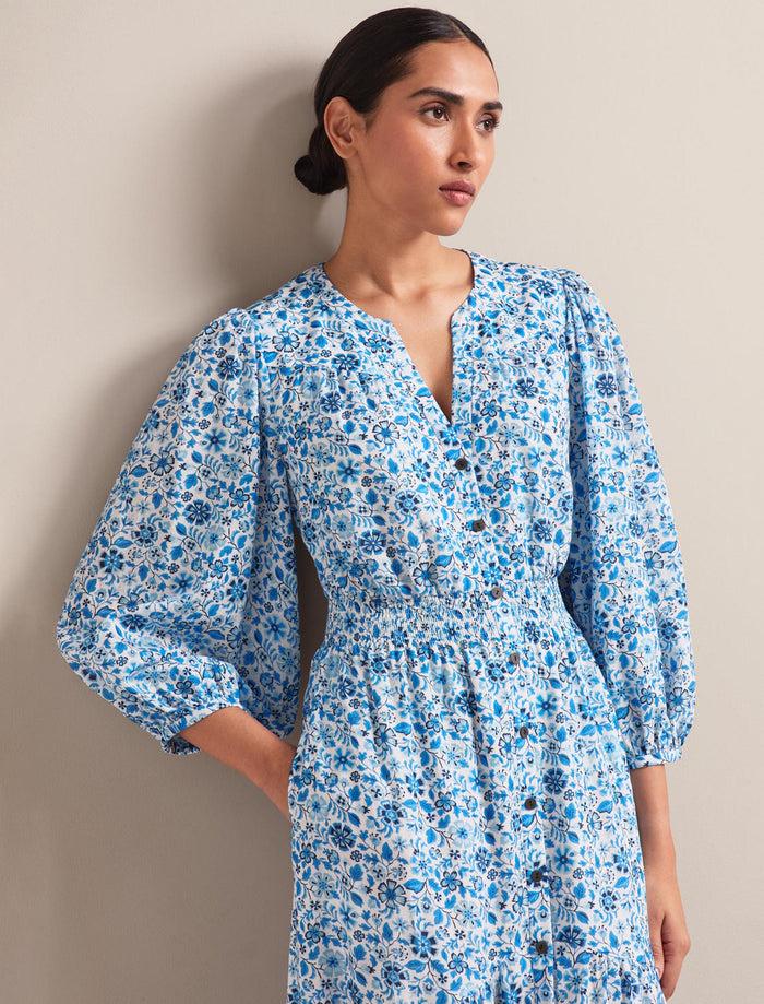 Cefinn Aspen Cotton Blend Maxi Dress - White Blue Ditsy Carnation Print Dress