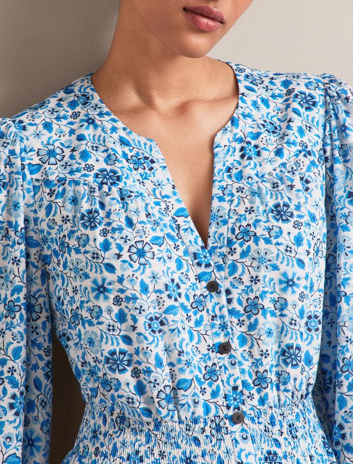 Cefinn Aspen Cotton Blend Maxi Dress - White Blue Ditsy Carnation Print Dress