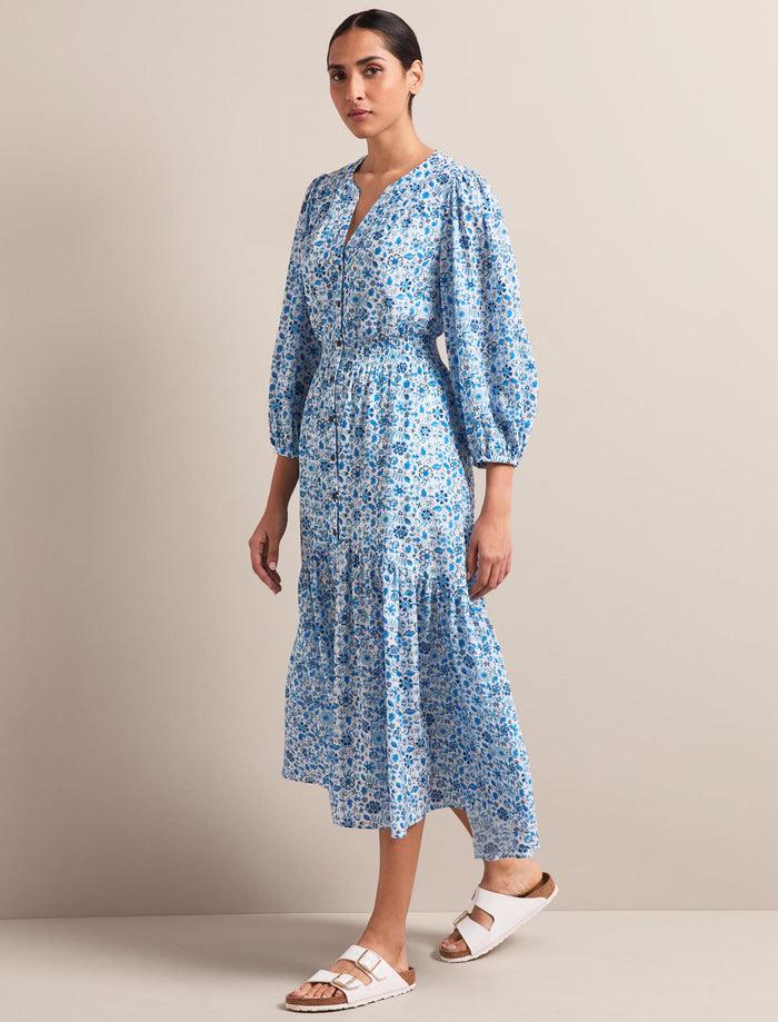 Cefinn Aspen Cotton Blend Maxi Dress - White Blue Ditsy Carnation Print Dress