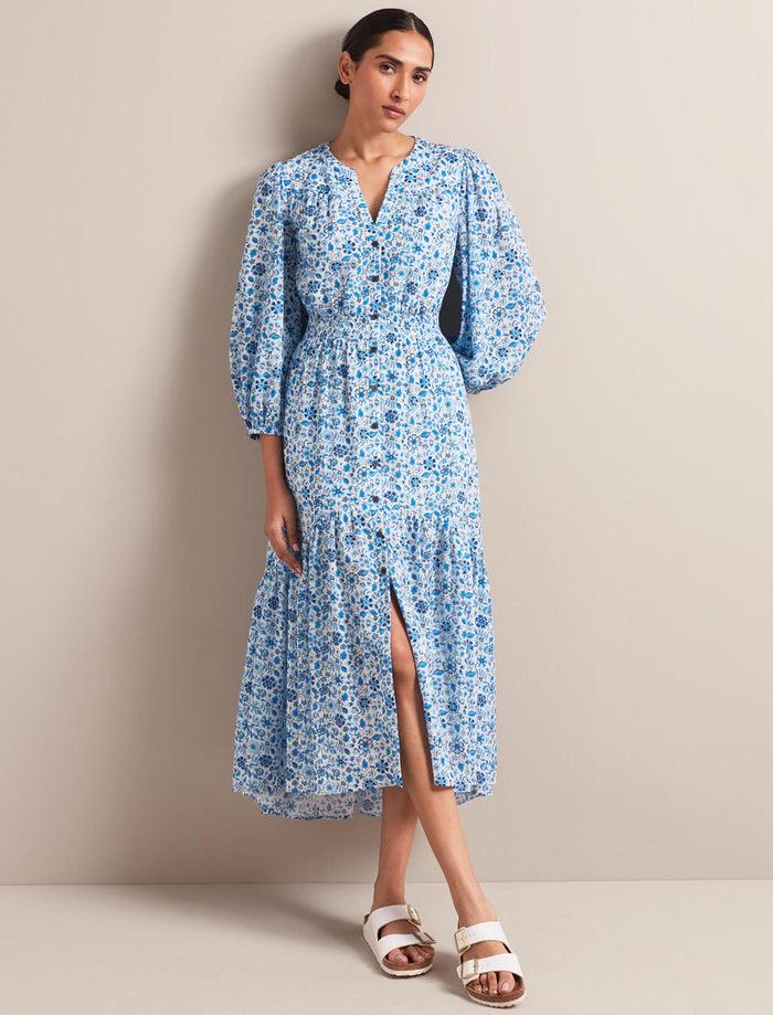 cefinn Aspen Cotton Blend Maxi Dress - White Blue Ditsy Carnation Print Dress