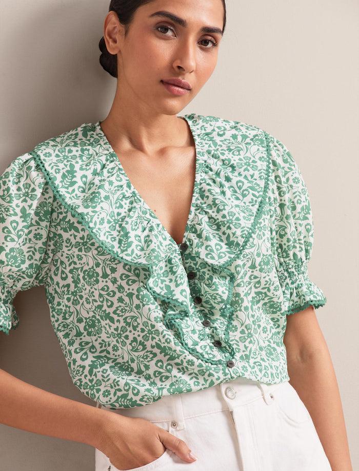 Cefinn Bethany Cotton Blend Blouse - Green Mono Floral Print Blouse