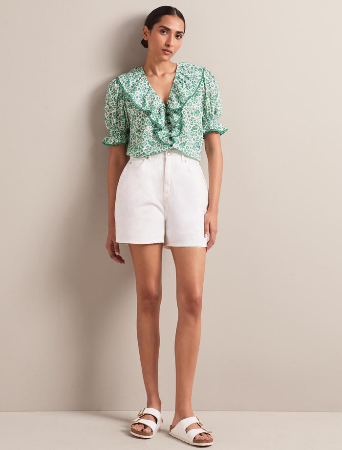 Cefinn Bethany Cotton Blend Blouse - Green Mono Floral Print Blouse