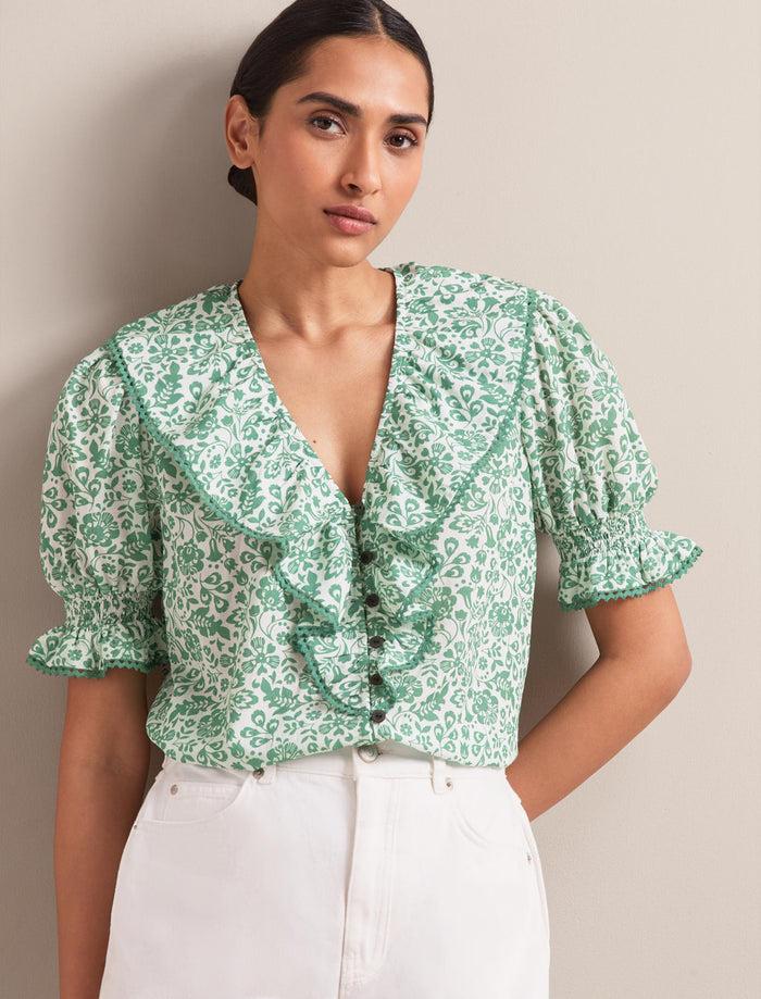 cefinn Bethany Cotton Blend Blouse - Green Mono Floral Print Blouse