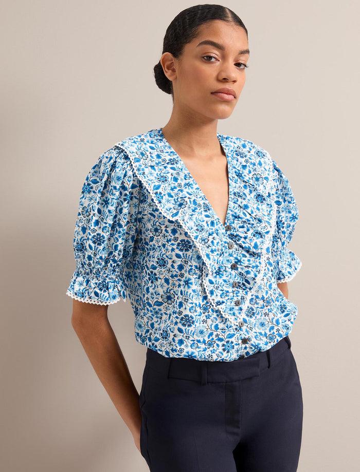 Cefinn Bethany Cotton Blend Blouse - White Blue Ditsy Carnation Print Blouse