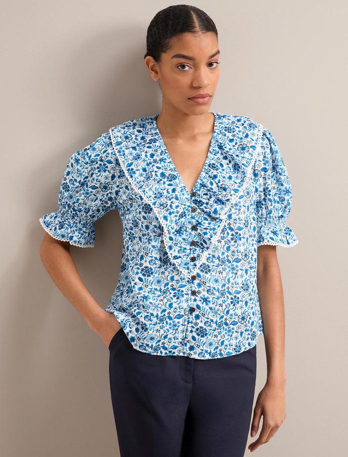 cefinn Bethany Cotton Blend Blouse - White Blue Ditsy Carnation Print Blouse