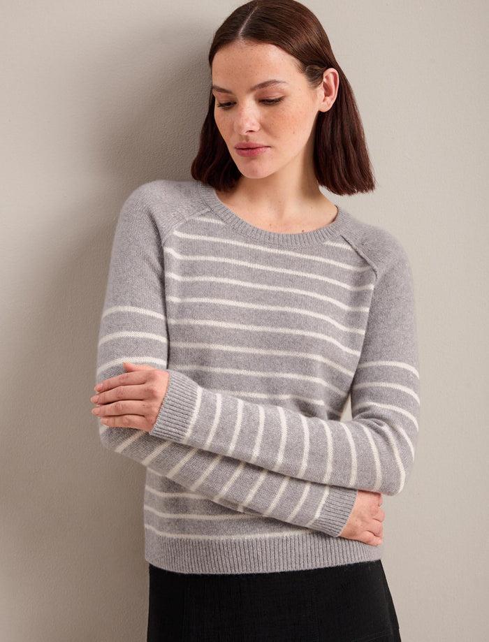 Cefinn Drew Cashmere Jumper - Grey Cream Stripe Knit