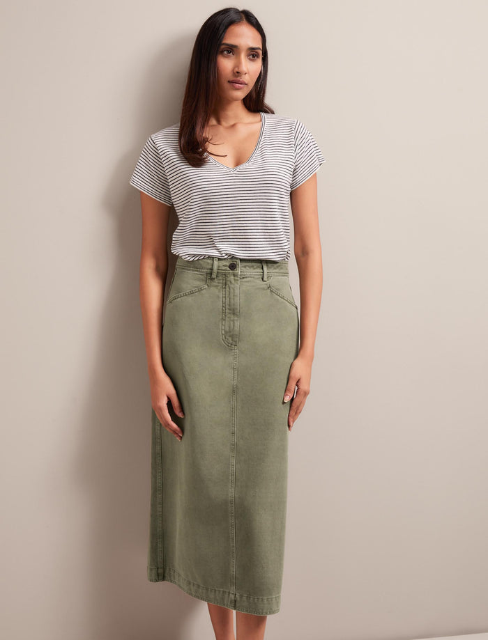 Cefinn Shona Cotton Twill Midi Skirt - Khaki Skirt