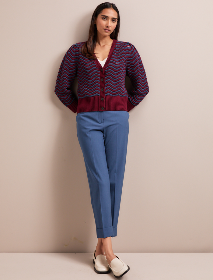 Cefinn Chloe Cotton Cardigan - Burgundy Denim Blue Stripe Knit