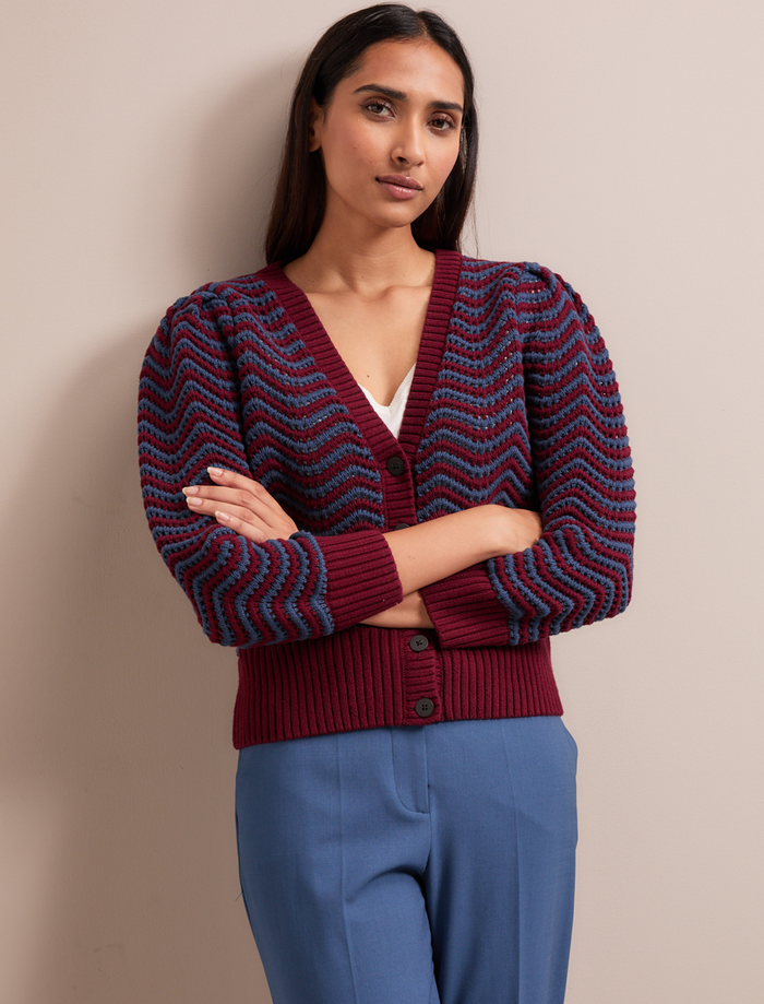 Cefinn Chloe Cotton Cardigan - Burgundy Denim Blue Stripe Knit